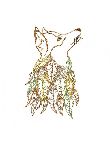 Motif de broderie machine  tête de renard avec des feuilles plumes