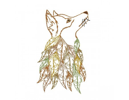 Motif de broderie machine  tête de renard avec des feuilles plumes