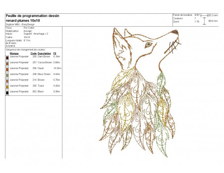 Motif de broderie machine  tête de renard avec des feuilles plumes