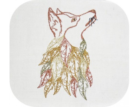 Motif de broderie machine  tête de renard avec des feuilles plumes