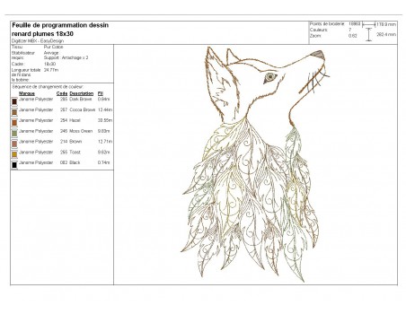 Motif de broderie machine  tête de renard avec des feuilles plumes