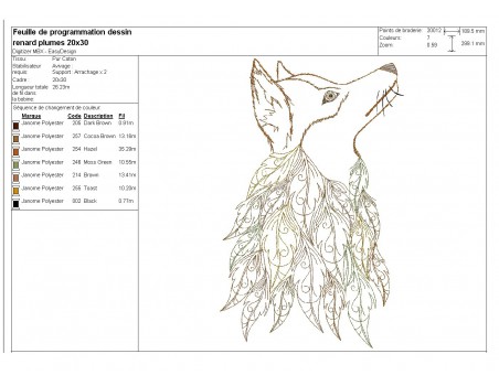 Motif de broderie machine  tête de renard avec des feuilles plumes