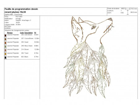 Motif de broderie machine  tête de renard avec des feuilles plumes