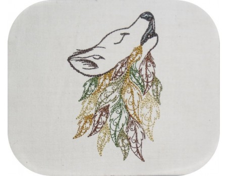 Motif de broderie machine  tête de loup avec des feuilles plumes