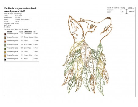 Motif de broderie machine  tête de loup avec des feuilles plumes