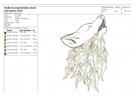 Motif de broderie machine  tête de loup avec des feuilles plumes