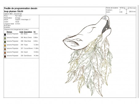 Motif de broderie machine  tête de loup avec des feuilles plumes