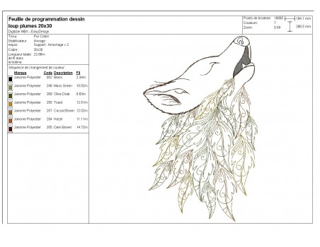 Motif de broderie machine  tête de loup avec des feuilles plumes