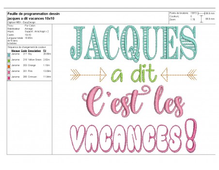 Motif de broderie Jacques à dit  c'est les vacances