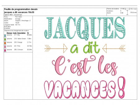 Motif de broderie Jacques à dit  c'est les vacances