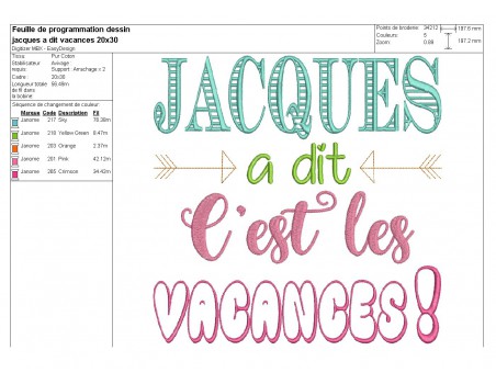 Motif de broderie Jacques à dit  c'est les vacances