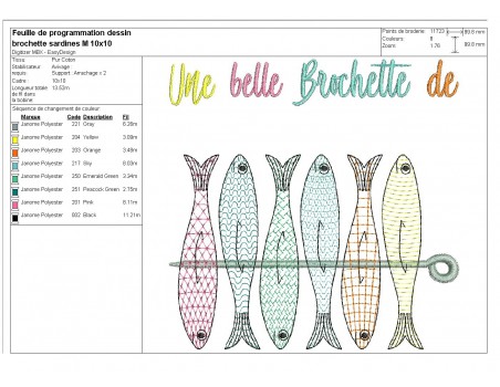 Motif de broderie machine brochette de sardines en mylar