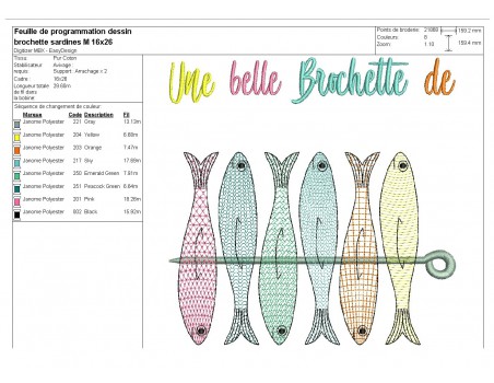 Motif de broderie machine brochette de sardines en mylar