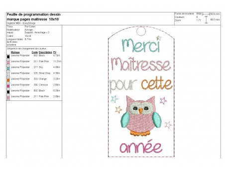 Motif de broderie  ITH marque pages Maîtresse