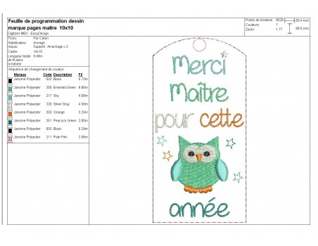 Embroidery design ITH bookmark owl mistress