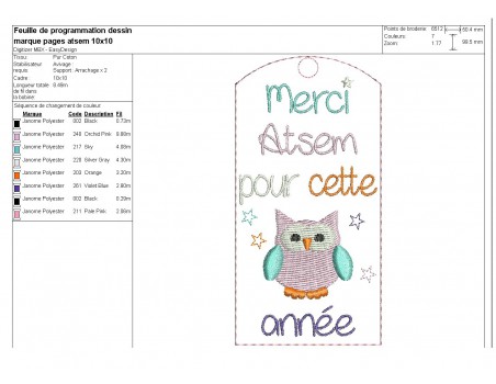 Embroidery design ITH bookmark owl mistress