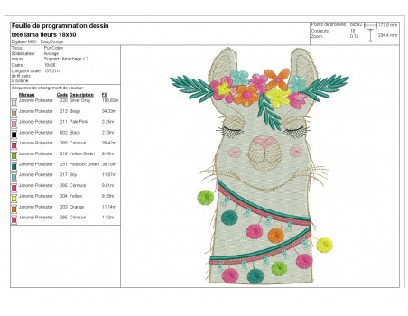 Motif de broderie machine tête de lama
