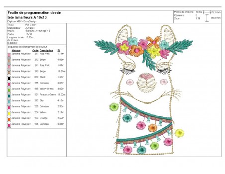 Motif de broderie machine tête de lama appliqué