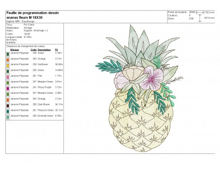 Motif de broderie machine ananas fleurs en mylar