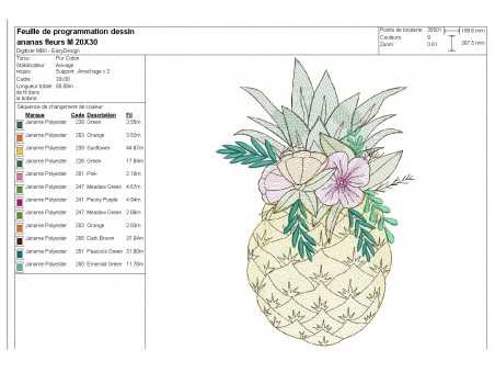 Motif de broderie machine ananas fleurs en mylar