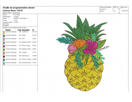 Motif de broderie machine ananas fleurs