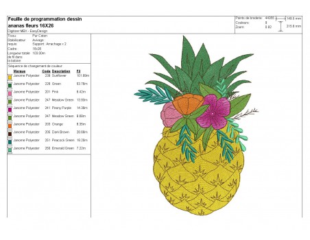 Instant download machine embroidery design mylar pineapple flowers