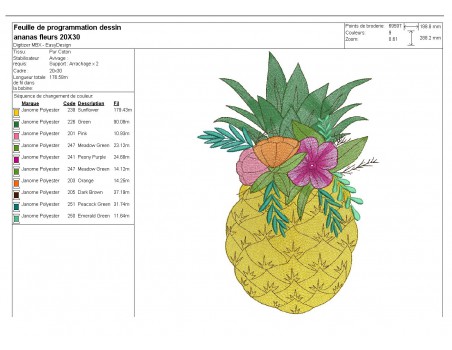 Motif de broderie machine ananas fleurs