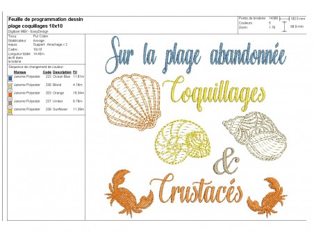 Motif de broderie machine  coquillages et crustacés en mylar