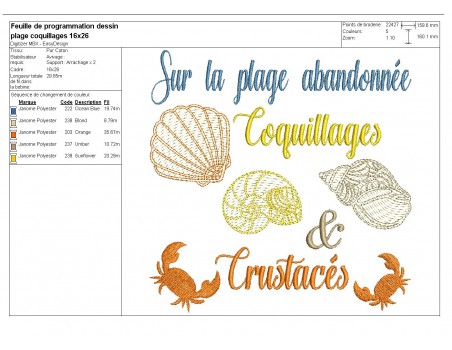 Motif de broderie machine  coquillages et crustacés en mylar