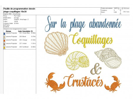 Motif de broderie machine  coquillages et crustacés en mylar