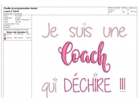 Motif de broderie  machine texte coach femme