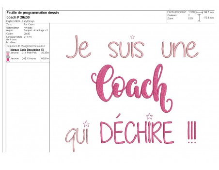 Motif de broderie  machine texte coach femme