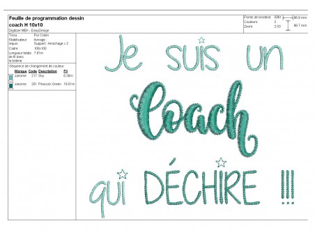 Motif de broderie  machine texte coach homme