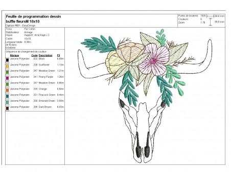 Motif de broderie machine  tête de buffle fleurs en mylar