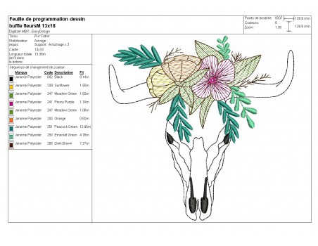 Motif de broderie machine  tête de buffle fleurs en mylar