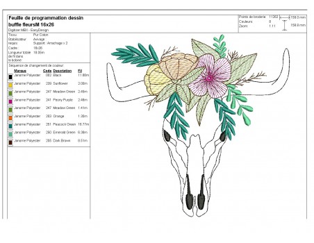 Motif de broderie machine  tête de buffle fleurs en mylar