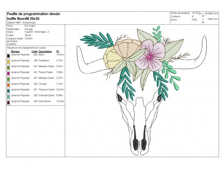 Motif de broderie machine  tête de buffle fleurs en mylar