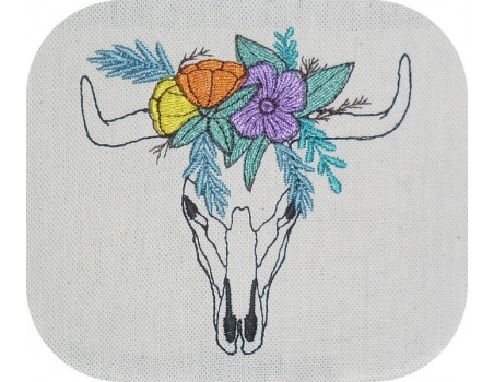 Motif de broderie machine  tête de buffle fleurs