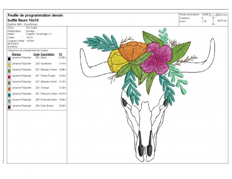 Embroidery design flowers buffalo head mylar