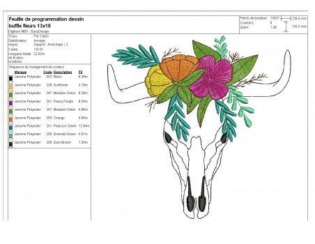 Motif de broderie machine  tête de buffle fleurs