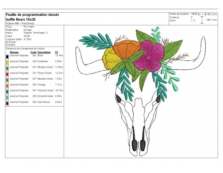 Embroidery design flowers buffalo head mylar