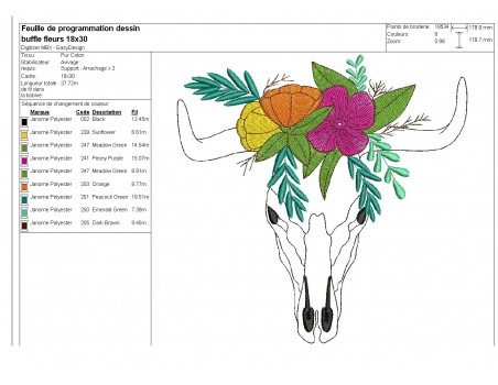 Embroidery design flowers buffalo head mylar