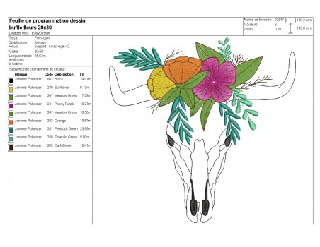 Embroidery design flowers buffalo head mylar