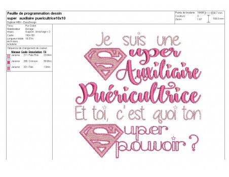 Motif de broderie texte  super auxiliaire puéricultrice