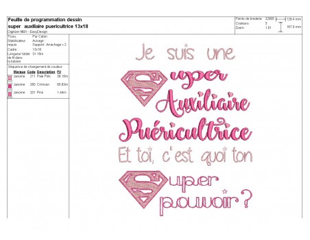 Motif de broderie texte  super auxiliaire puéricultrice