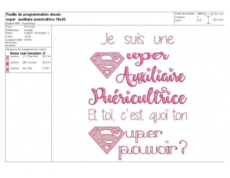 Motif de broderie texte  super auxiliaire puéricultrice