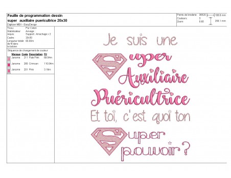 Motif de broderie texte  super auxiliaire puéricultrice