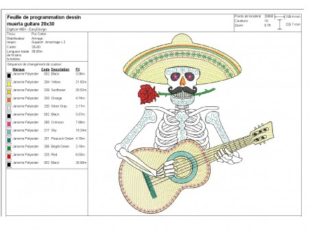Motif de broderie machine mylar  squelette muerta mexicain avec guitare