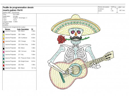 Motif de broderie machine mylar  squelette muerta mexicain avec guitare