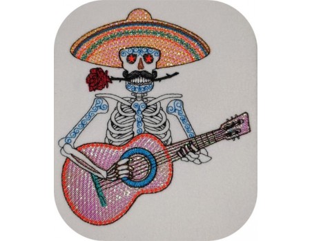 Motif de broderie machine mylar  squelette muerta mexicain avec guitare